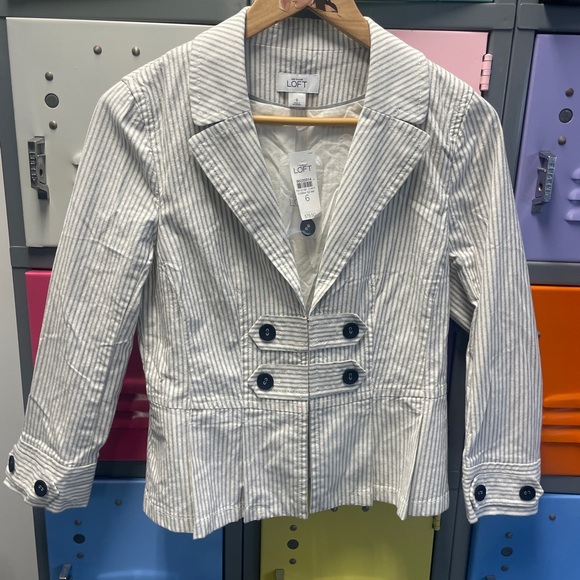 LOFT Jackets & Blazers - LOFT White and Gray Striped Double-Breasted Cotton-Blend Blazer, NWT